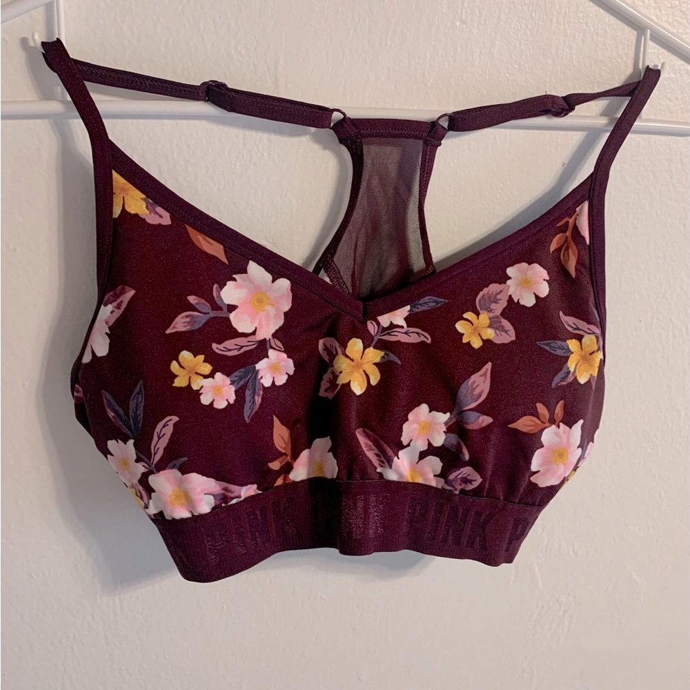 PINK Victoria Secret dark purple sports bra with multicolor floral design